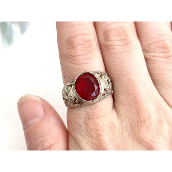Natural Garnet Oval Cut Gemstone Carved Sterling Silver Vintage Ring - sz 10 - Picture 9 of 10